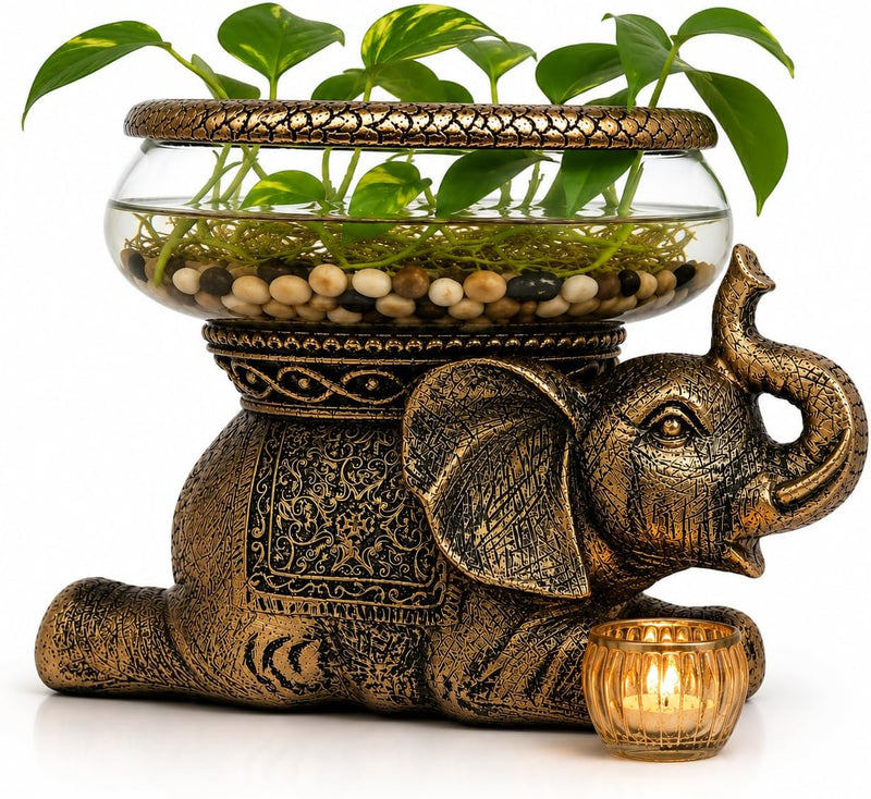 Elephant Decorative Bowl with Removable Glass Vessel, Antique Gold Finish, Tabletop Plant Display, Gift Box Included