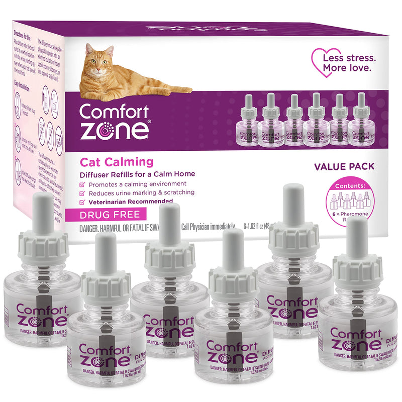 COMFORT ZONE Cat Calming Diffuser Refill, 6 Pack – Cat Calming Pheromone Refills Help Reduce Anxiety, Stress, Scratching, Urine Marking, Aggression, (30-Day Refills, 180-Day Supply)
