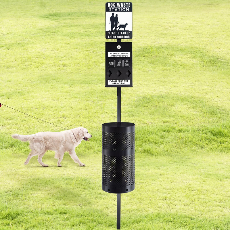 Qinyoung Dog Waste Station Galvanized Steel Outdoor Pet Bin with Poop Bag Dispenser Reflective Sign Rust Proof for Backyard Commercial Park (Black)