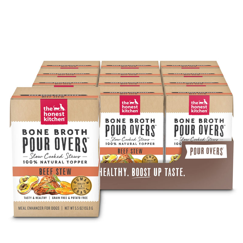 The Honest Kitchen Human Grade Bone Broth POUR OVERS Wet Toppers for Dogs (12 Pack), 5.5 oz - Beef Stew