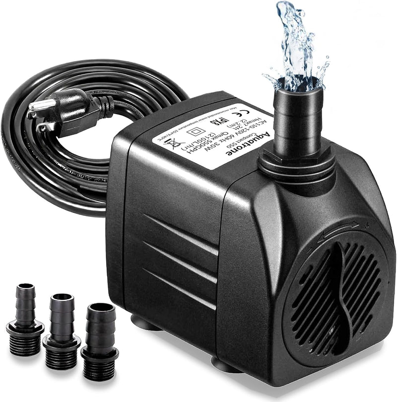 550GPH Submersible Pump 30W - Ultra Quiet Fountain Water Pump, 2000L/hr, 7.2ft High Lift, 3 Nozzles - Submersible Water
