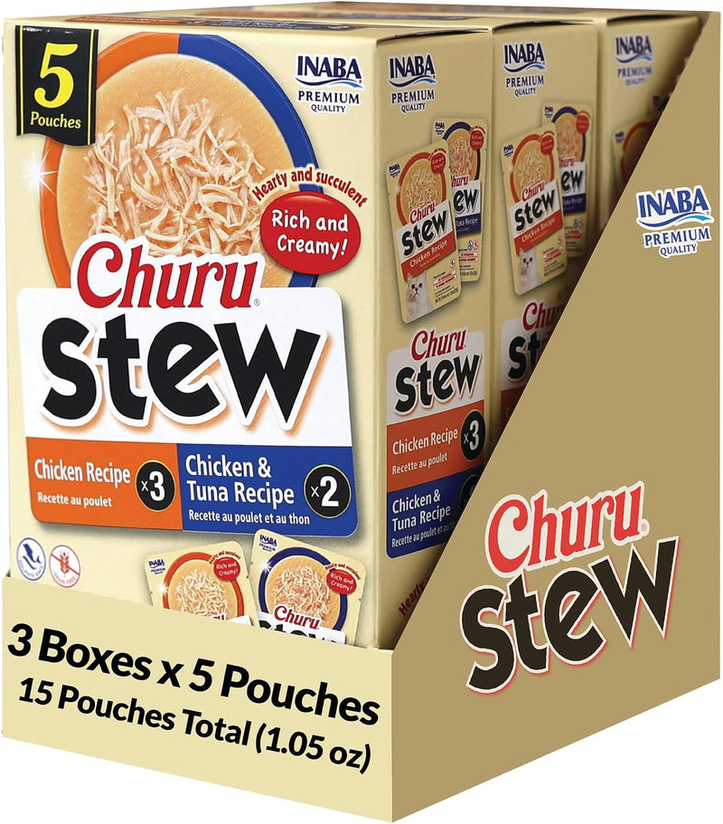 INABA Churu Stew for Cats, Creamy Purée Side Dish Pouch, 1.05 oz Pouches, 15 Pouches Total, Chicken and Tuna Variety