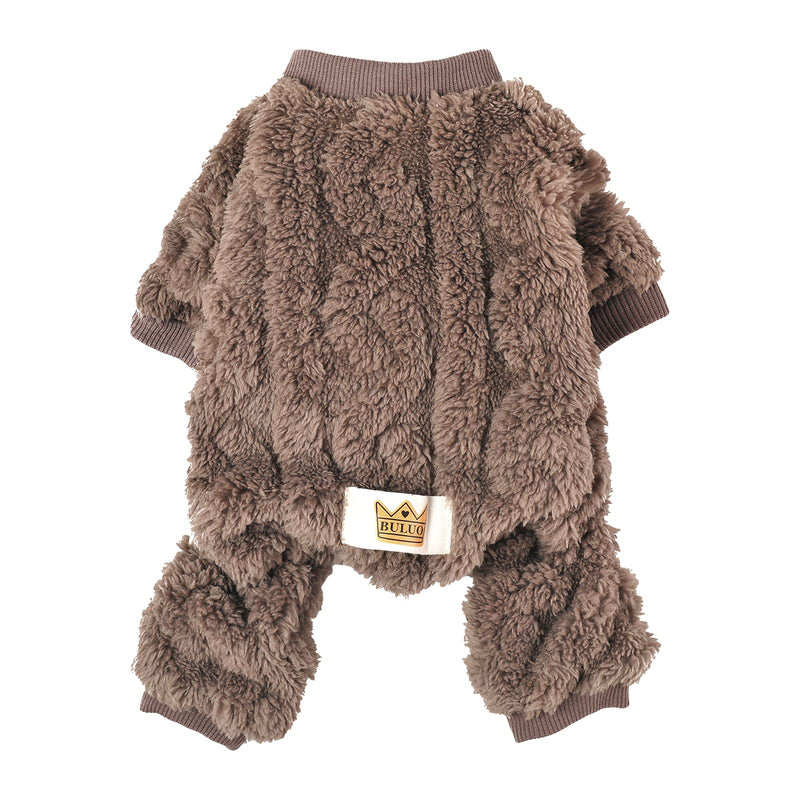 Loyanyy Plush Dog Pajamas for Cold Weather 4 Legged Clothes for Dog Cat Stretchy Puppy Kitten Onesie with Buttons Warm Soft Pet Jumpsuit Winter Coat Coffee Medium