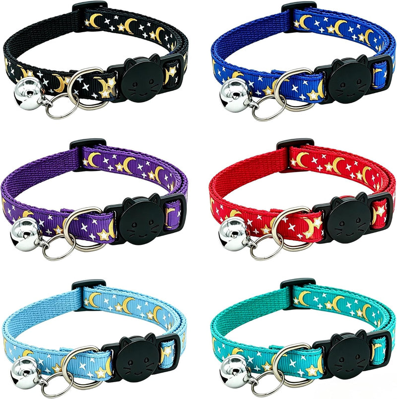6Pack Cat Collars Quick Release Star Moon Pattern Reflective Kitten Collar with Bell & Safety Release