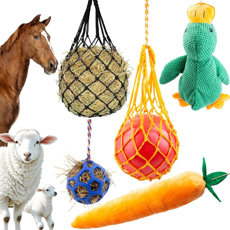 Horse Toys for Horses 5 PCS Set, Goats Enrichment Toys, Including Hay Net, Hay Ball, Toy Ball, Squeaky Duck, Plush Carro