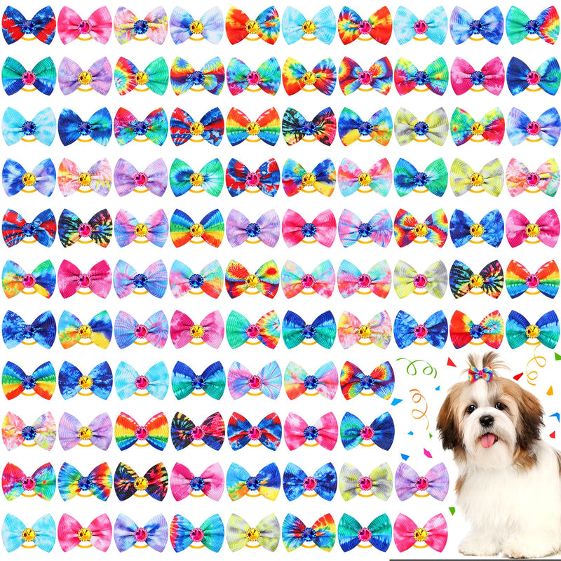 Tondiamo 100 Pack Tie Dye Dog Hair Bows for Dogs Spring Dog Hair Bows with Rubber Bands Puppy Rhinestone Grooming Dog Hair Accessories for Small Girl Dogs