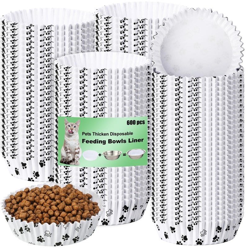 meekoo 600 Pcs Large Pet Disposable Feeding Bowls Liner Bulk Cat Food Bowls Small Paper Dish Paper Liner for Small Dogs Cats Dish Wet Food Feeding Station(White,Paw)