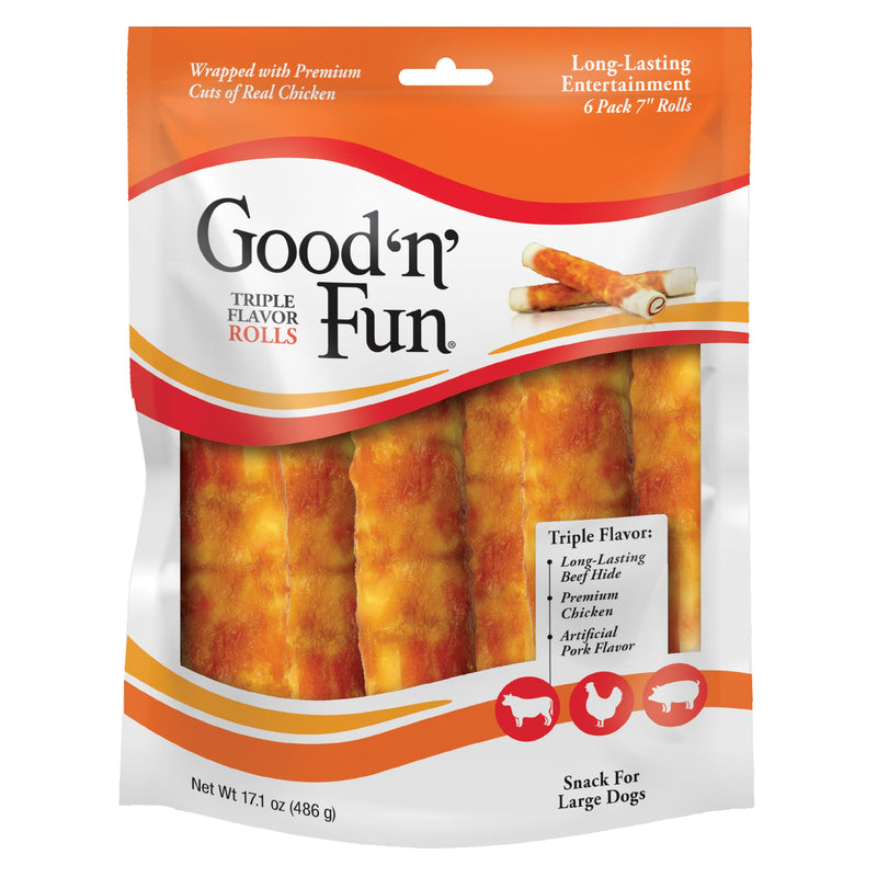 Good 'n' Fun Rolls Long-Lasting Dog Treat, For Large Dogs, With Real Proteins, Beef Hide and Premium Chicken, Supports Dental Health, Mental Stimulation, 6 count