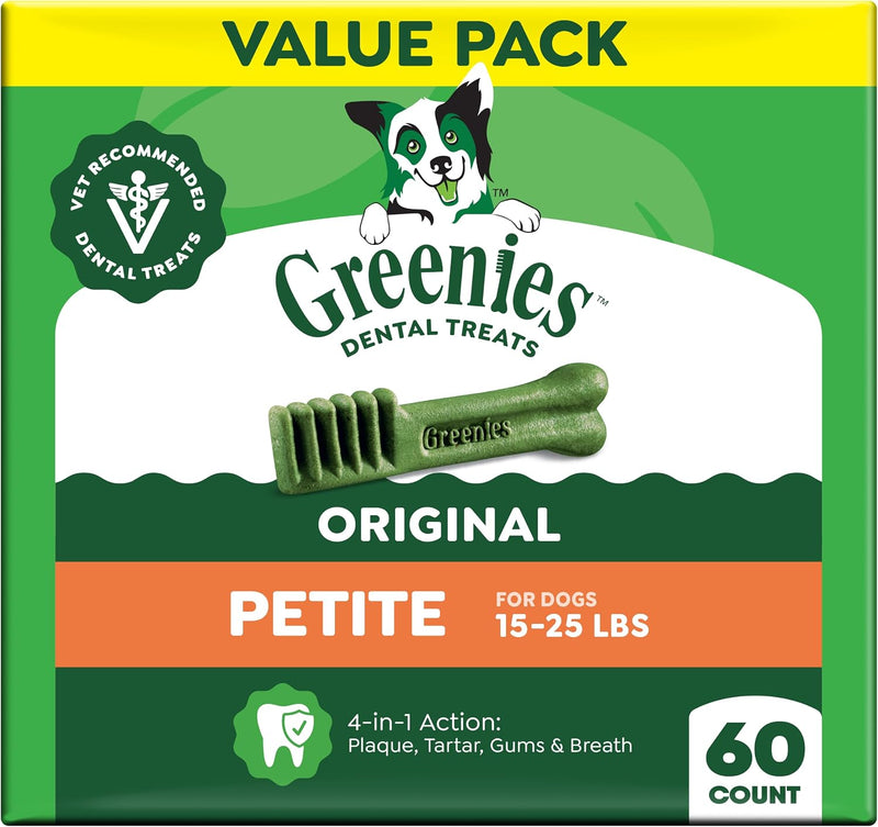 Greenies Veterinarian-Recommended Adult Natural Dental Dog Treats Petite Size, Dog Dental Chews, Original Flavor, 36 oz. Pack, 60 Count