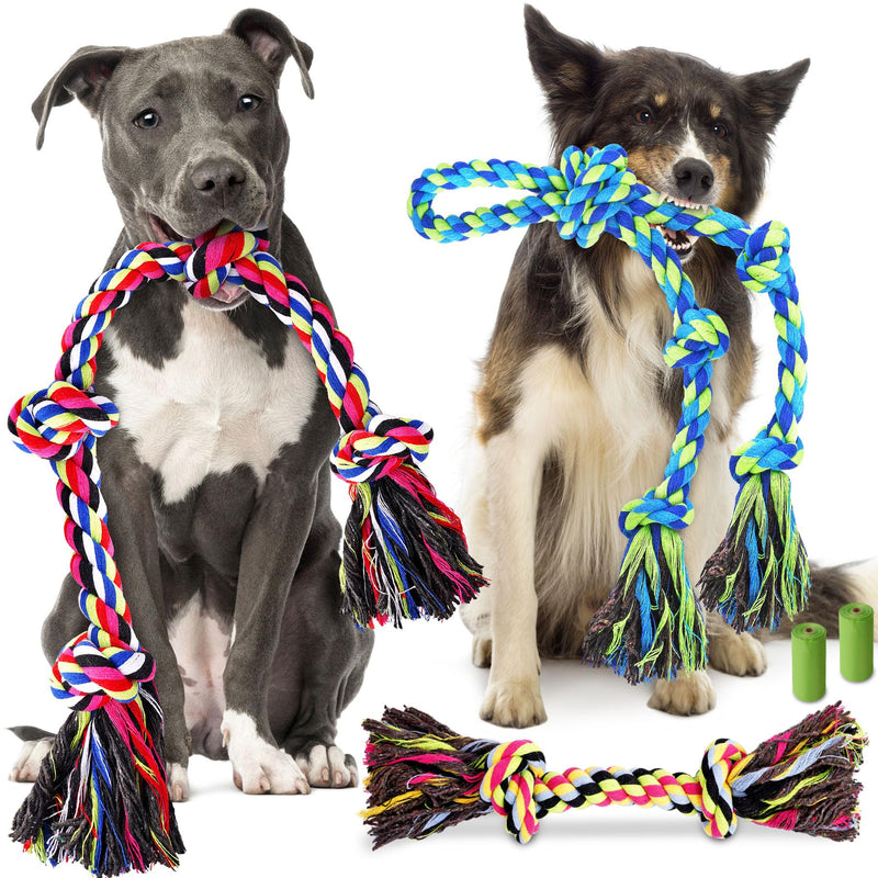 Forfon Tough & Strong Dog Toy for Aggressive Chewers – Tough Chew Toys for Large Dogs, Ideal for Tug-of-War & Teeth Cleaning, with 3 Rope Toys & 2 Dog Bags