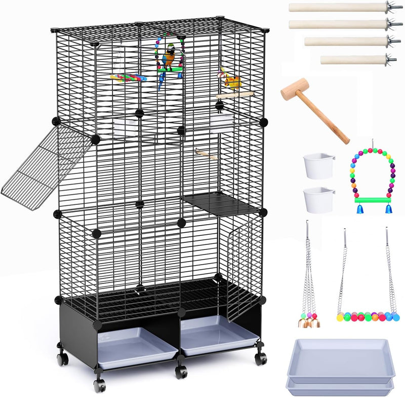 JYEARN Flight Bird Cage with Wheels, 46-Inch Metal Parakeet Cage with Slide-Out Trays, Perches, Bowls & Bird Toys, Indoor Bird Cage for Cockatiel, Budgie, Lovebird, Finch & Small Birds