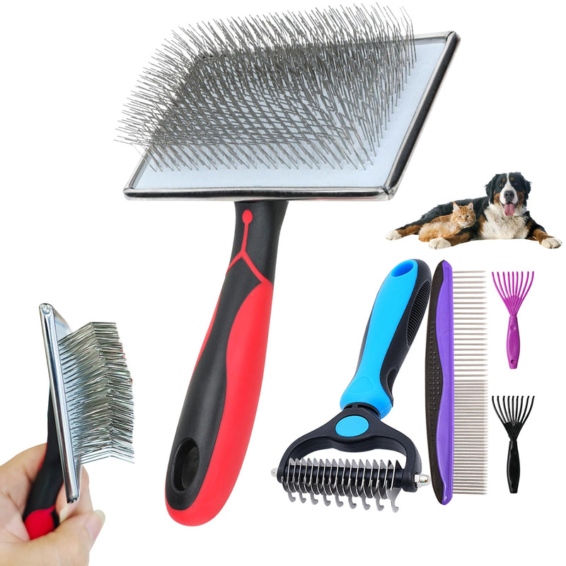 EAFBAO 5-in-1 Dog & Cat Extra Long Pin Grooming Kit Slicker Brush for Large Dogs Cats Remove Loose Fur, Undercoat Brush for Shedding, Dematting Comb & Cleaner for Long Haired Pets