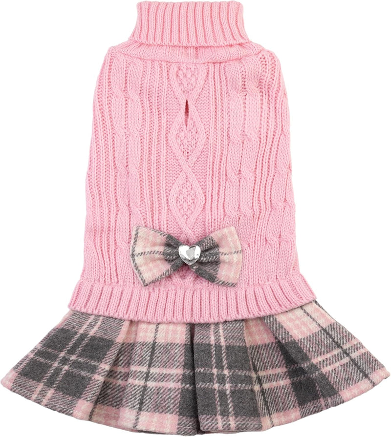 Small Dog Sweater Dress with Bowtie Turtleneck Knitted Puppy Winter Clothes Girl Warm Dog Sweaters with Leash Hole for Y