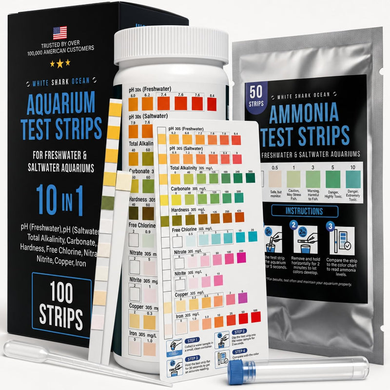 Aquarium Test Strips 11 in 1 | 150 Strips (100 x 10-in-1 + 50 Ammonia) | Tests pH, Ammonia, Nitrate, Nitrite & More | Fr