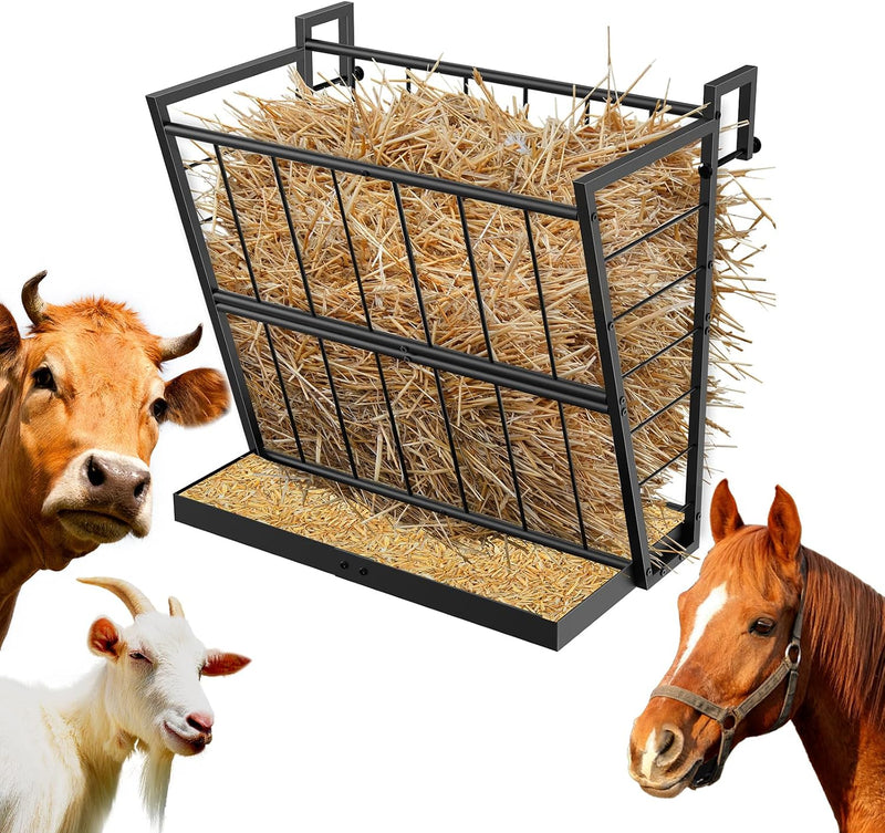 2-in-1 Wall Mount Hay Feeder, Black Grain Rack for Goats, Horses, Sheep