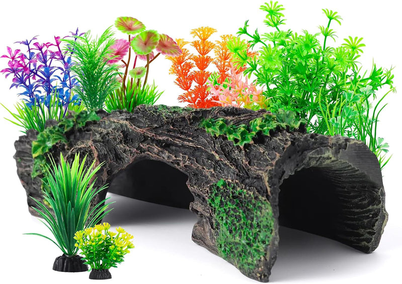 9Pcs Aquarium Decorations Resin Hollow Tree Trunk Ornament Set