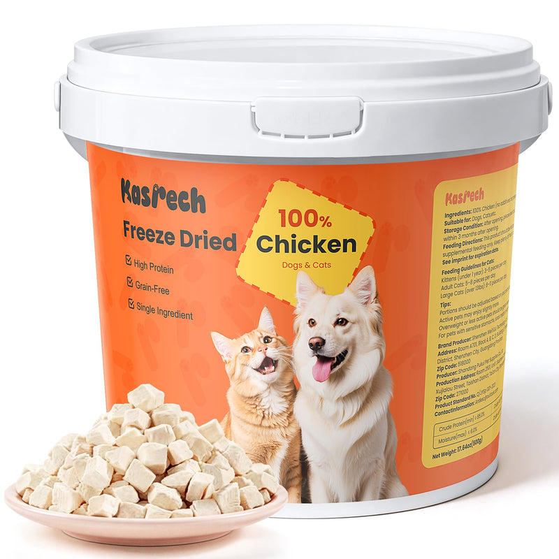 Kasrech Freeze Dried Chicken Treats for Cats & Dogs, 17.64 oz(1.1LB), High Protein Single Ingredient Cat & Dog Treats, Grain Free Raw Pet Snacks, Training Treats & Food Topper, No Additives