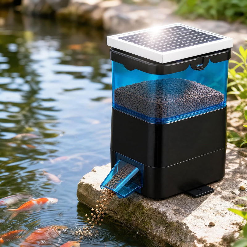 NEWTRY Automatic Pond Fish Feeder, 2.8L Solar Powered Programmable Timer