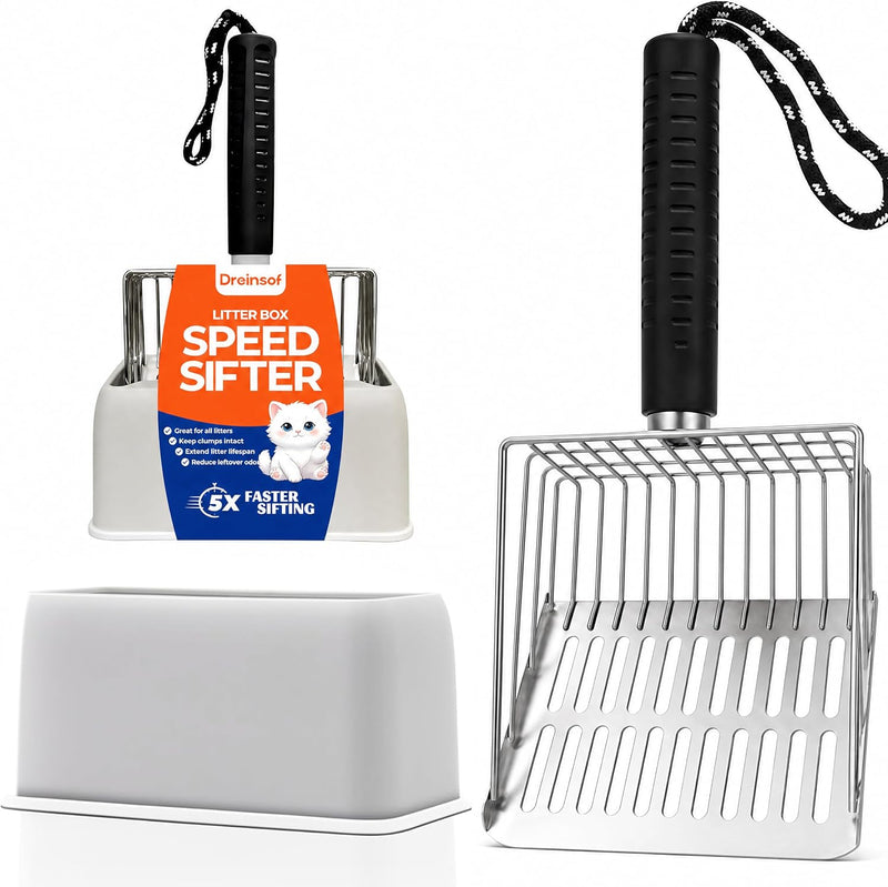304 Stainless Steel Cat Litter Scoop-Metal Litter Scooper with Holder, Heavy Duty Litter Sifter, Kitty Litter Box Scoope