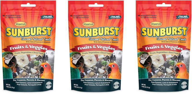 Higgins 3 Pack of Sunburst Gourmet Natural Bird Treats, 5 Ounces Each, Fruits and Veggies Flavor, for Conures Parrots an
