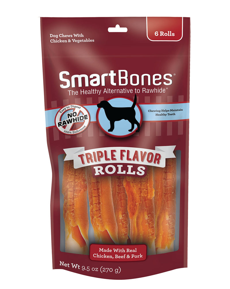 SmartBones Triple Flavor Rolls 6 Count, Rawhide-Free Chews for Dogs