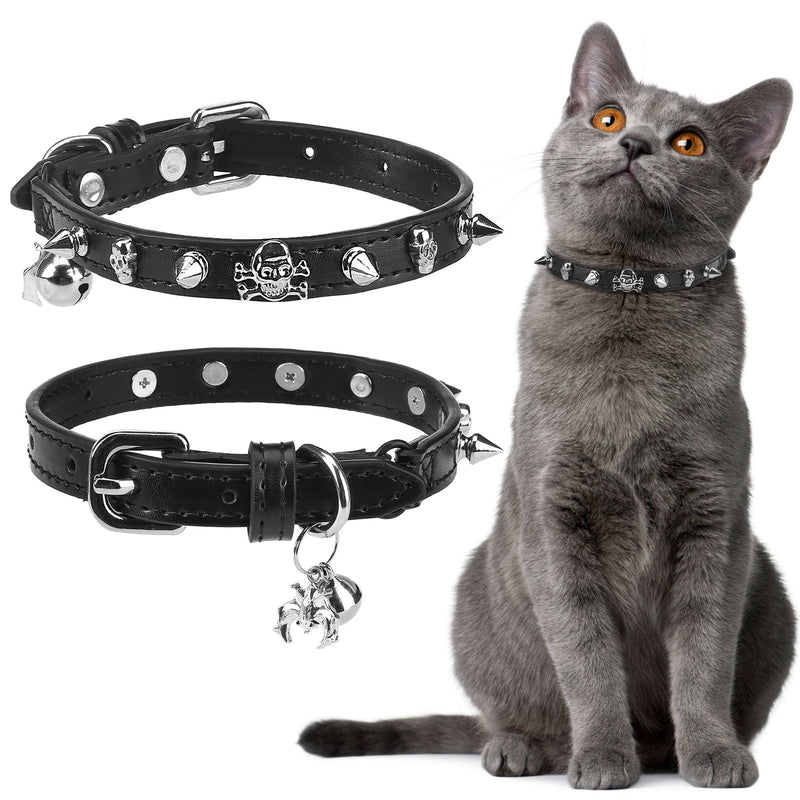 EXPAWLORER Cat Collar for Girl Boy Cats- Adjustable Leather Pet Collar with Safety Elastic Belt,Personalized Punk Accessories Buckle Collars with Bell & Durable D-Ring, Rivet (Black)