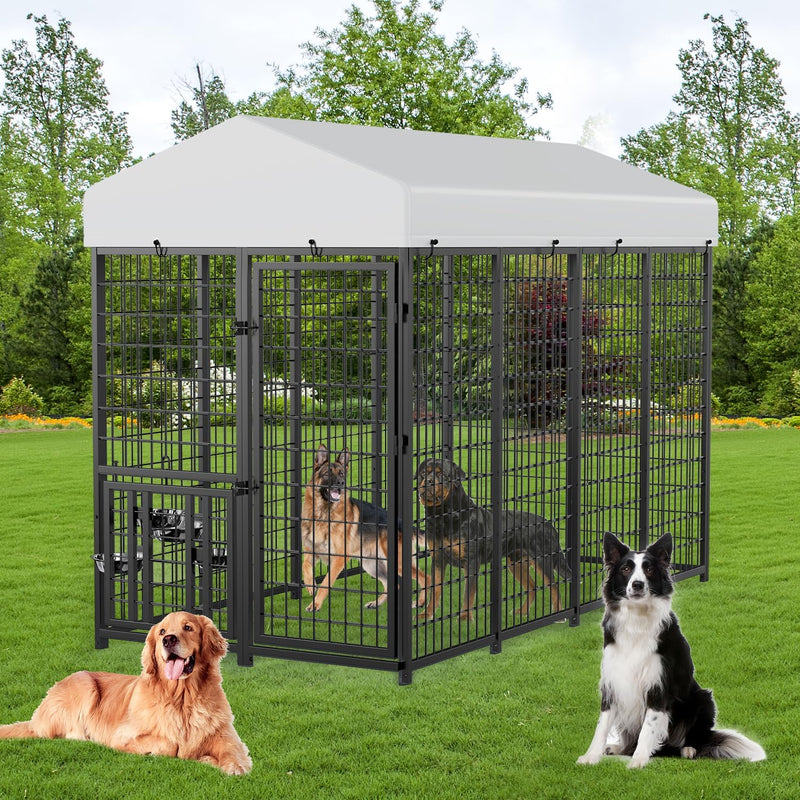 ROOMTEC Heavy Duty Outdoor Dog Kennel with Rotating Bowls, 8 x 4 x 5.6-ft