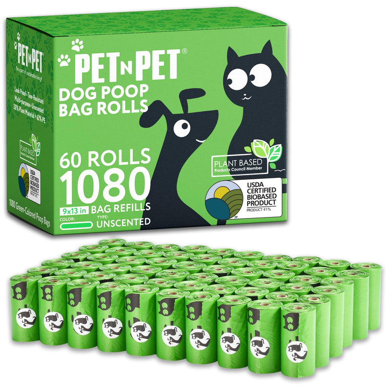 Pet N Pet 1080 Counts Green Poop Bags for Dogs, 41% Plant Based & 59% PE Extra Thick Dog Poop Bags Rolls, 9