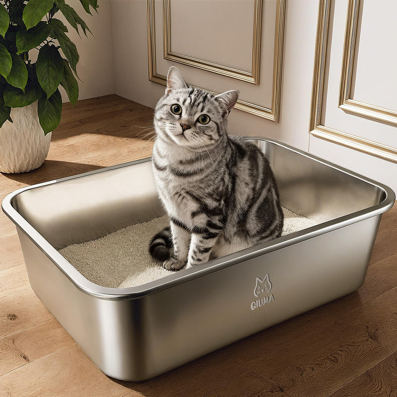 Qiuma Stainless Steel Litter Box, Metal Cat Litter Box with High Sides, Odor-Free, Non-Stick, Easy to Clean, 17.5