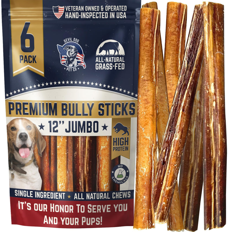 Devil Dog Pet Co - Jumbo Bully Sticks for Dogs 12 Inch 6 Pack - Extra Thick Low Odor Grass Fed Beef Pizzle Chews for Large Dogs and Aggressive Chewers, Digestible Rawhide Free Natural Treats