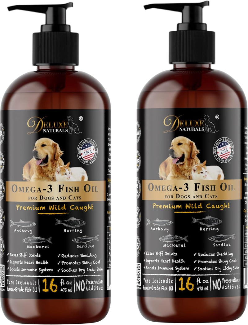Omega-3 Fish Oil for Dogs & Cats – 2-Pack (16 fl oz Each) High-Potency Wild-Caught Fish Oil with 800 mg EPA + 525 mg DHA