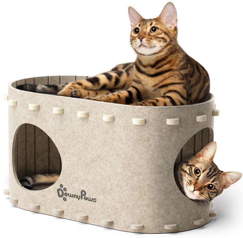 DownyPaws Cat House for Indoor Cats, Cat Bed Cave for Multiple & Large Cats Up to 22 Lbs, Scratch Resistant, Foldable Peekaboo Kitten Caves Tunnel Enclosed Bed, PeekaPurr, Cream