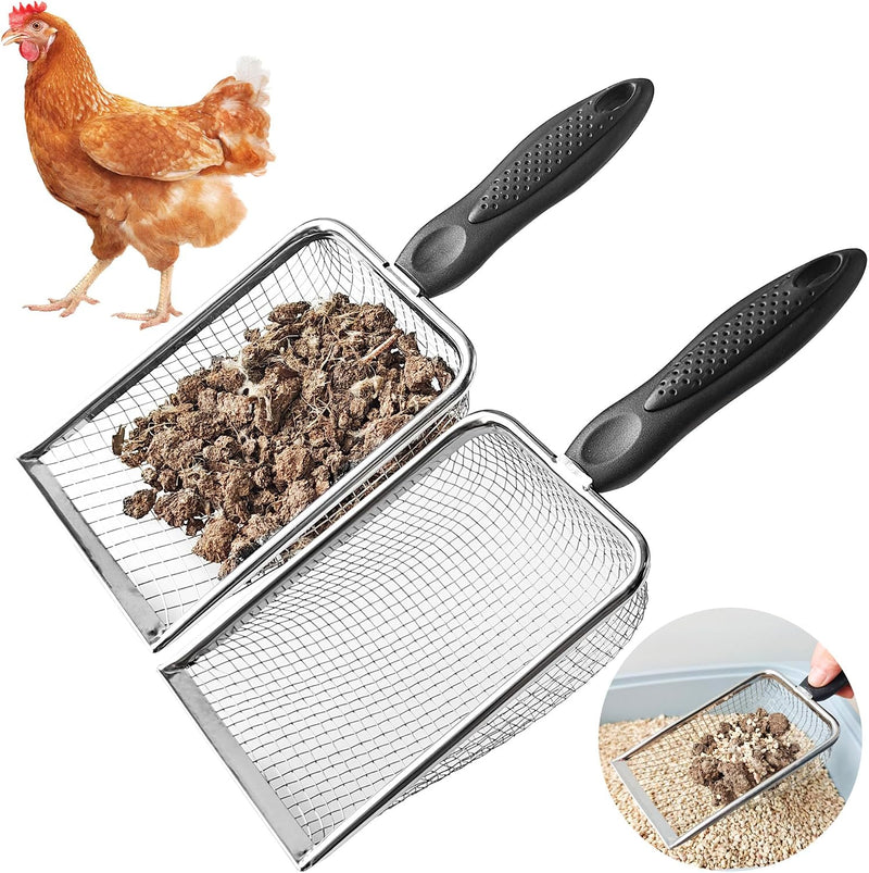 KOROI Chicken Poop Scooper - 2 Pack Chicken Coop Poop Scoop Shovel with 3.8mm & 5mm Mesh,Metal Chicken Coop Cleaning Too