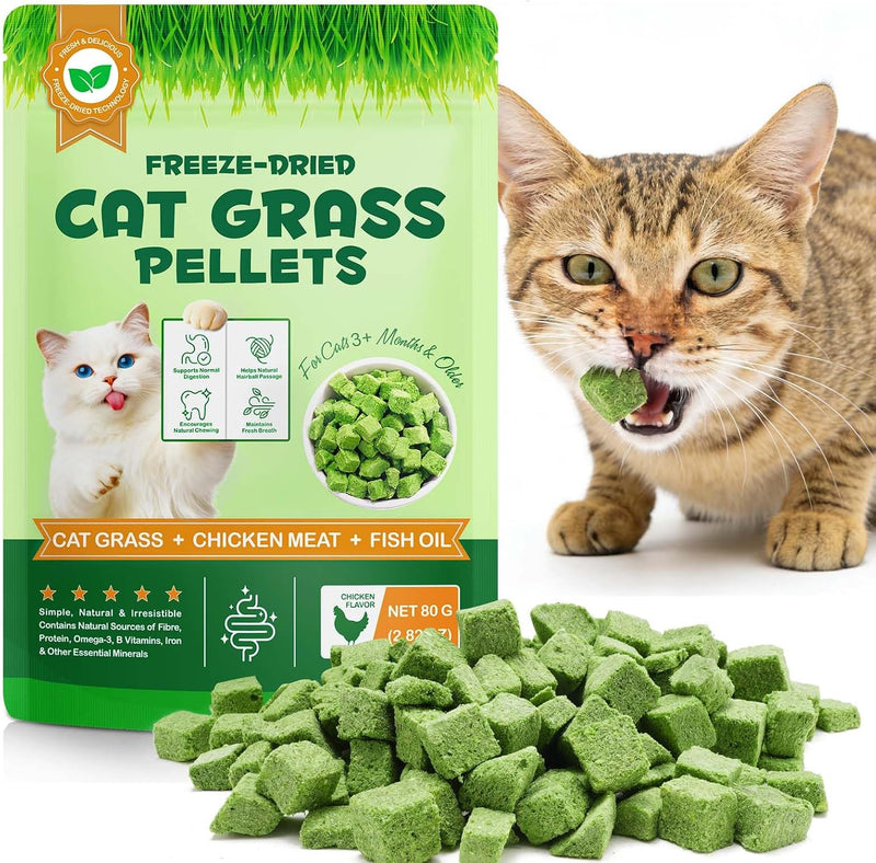 Cat Grass Treats, Freeze-Dried Cat Grass Pellets for Cats, 80g (2.82 OZ) | Natural Hairball Control, Digestive Support &