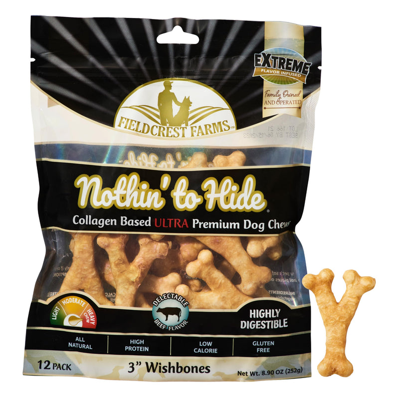 Fieldcrest Farms Nothin' to Hide 3-inch Ultra Wishbones Treats - Natural Rawhide Alternative Treats for Dogs, Collagen Based Snack for Heavy Chewers up to 15lbs - Beef Flavor, 12 Pack