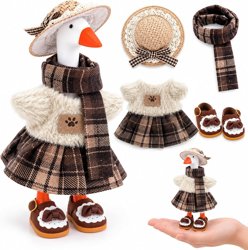 7inch Desk Goose Outfits, Mini Desktop Goose Clothes with Straw Hat, Scarf & Shoes, Cute Plaid Fuzzy Dress Set Accessori