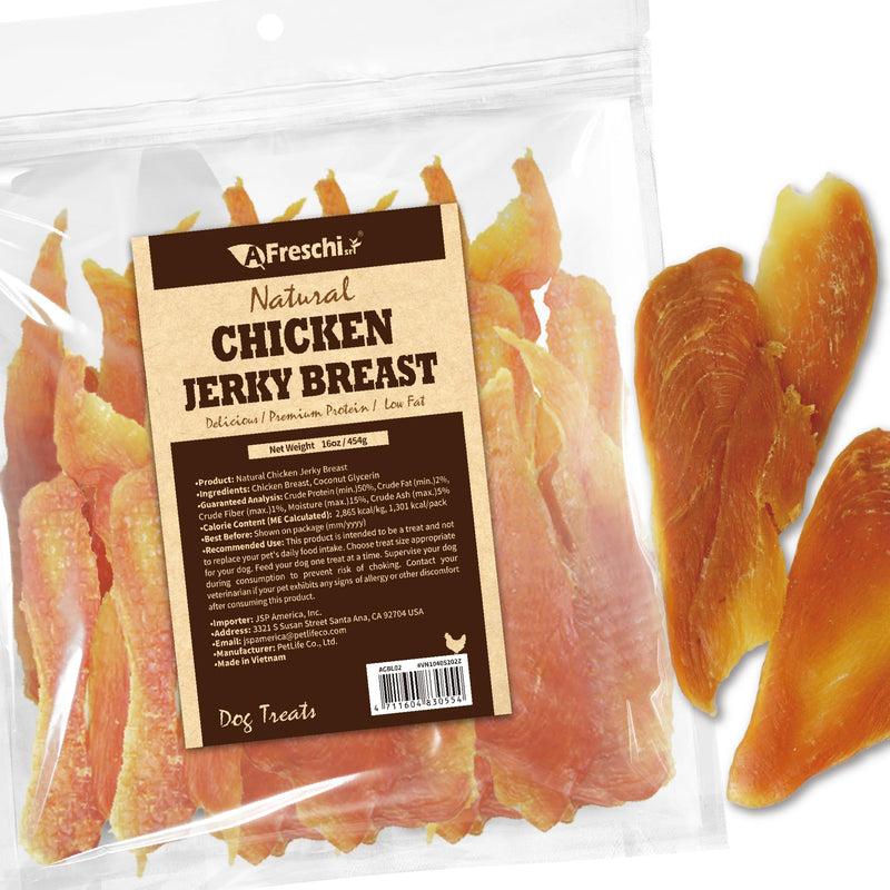 A Freschi srl Chicken Jerky for Dog, All Natural Dog Treat, High-Protein, Healthy & Easily Digestible, Grain-Free Puppy Chews, Training & Rewards Dog Snacks, Chicken Breast Jerky, 16 oz Pack