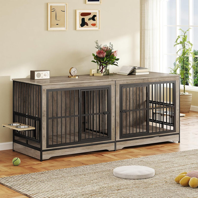 Rovibek 78 Double Dog Crate Furniture for 2 Large Dogs Indoor, Wooden Furniture Dog Crates with Dog Bowl, Dog Kennel Fur
