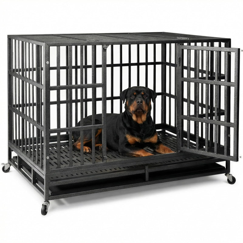 NUGRIART 48 Inch Heavy Duty Indestructible Dog Crate, XL Steel Escape-Proof Kennel for Large Dogs, Double Door Design with 4 Locking Wheels & Reinforced Baseplate, Ideal for High-Anxiety Dogs
