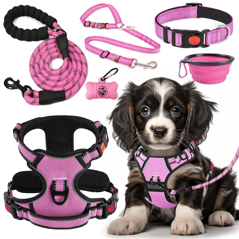 LOBEVE No Pull Dog Harness, Collar & Leash Set | Includes Dog Seat Belt, Collapsible Bowls & Poop Bag Dispenser. Ideal for Training, Walking, Hiking. Fits Small to Large Dogs(Pink-M)