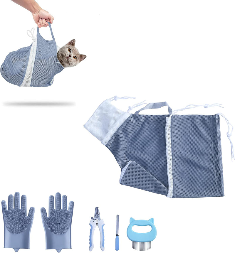 KlerRoem Cat Bathing Bag, Adjustable Anti-bite and Anti-Scratch Shower Mesh Grooming Bag for Pet Dogs, Includes Pet Nail