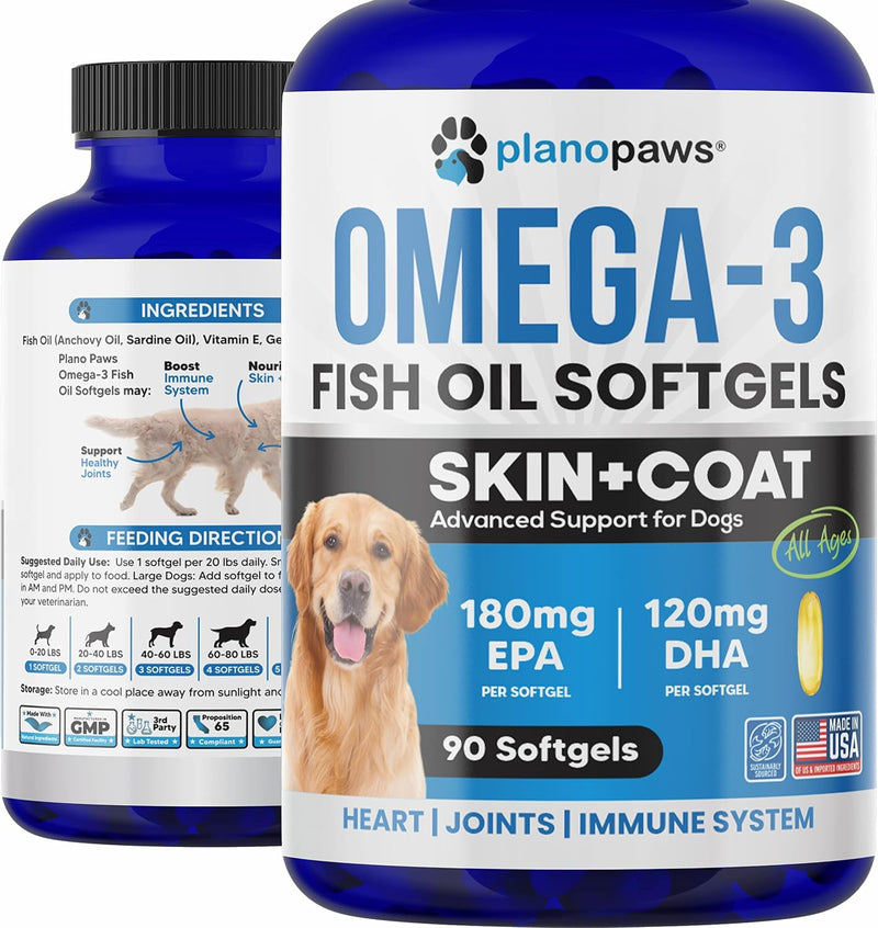 Omega 3 Fish Oil for Dogs, 90 Softgels, Low Odor - Skin and Coat, Shedding