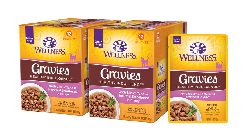 Wellness Healthy Indulgence Gravies Adult Wet Cat Food, Natural, Protein Rich, Grain Free, Tuna and Mackerel Recipe, 3 oz, Pack of 24 Pouches