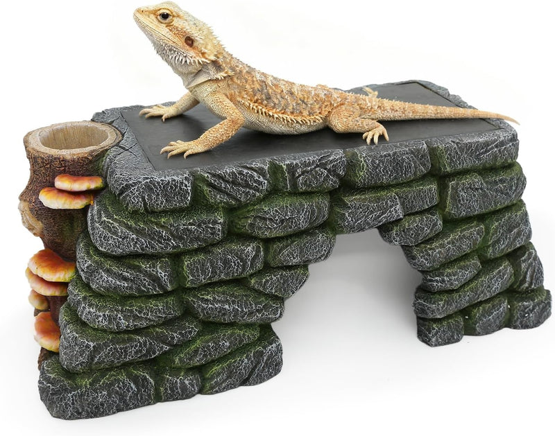 3 in 1 Bearded Dragon Basking Platform, Reptile Habitat Cave Hideout with Food Bowl, Aquarium & Terrarium Decor Accessor