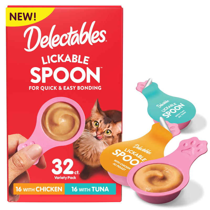 Delectables Lickable Spoon Handheld Wet Cat Treats Made with Real Chicken & Tuna, Creamy Puree, Mess Free, Quick & Easy, Grain-Free, No Added Fillers, No Added Preservatives, Variety Pack, 32ct