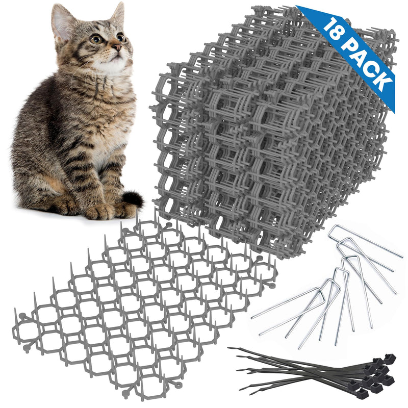 Petfolio 18 Pack Scat Mat for Cats - 8 x 6 Inch Cat Deterrent Mat with 1 Inch Spikes is A Great Cat Repellent Indoor & Outdoor to Keep Cats Away. Includes 6 Garden Staples & 10 Zip Ties (Grey)