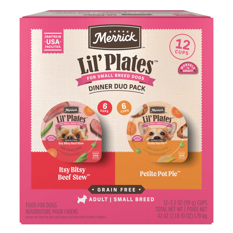 Merrick Lil’ Plates Grain Free Dinner Duos Soft Natural Wet Small Dog Food Variety Pack, Beef and Chicken - (Pack of 12) 3.5 lb. Tubs