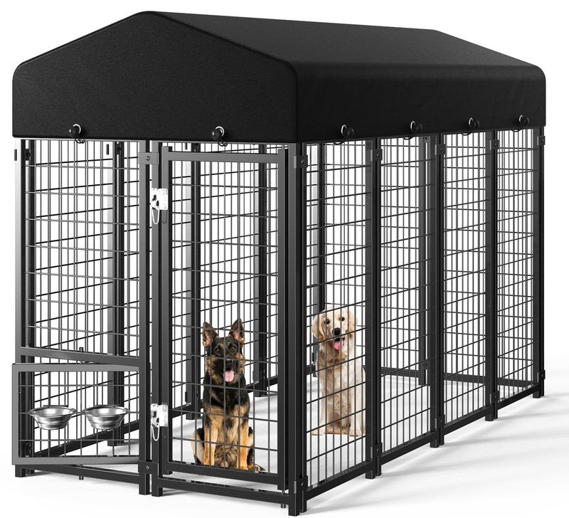 Guiferland Dog Kennel Outdoor, Large Outside Dog Kennel with Roof & Swivel Feeders/Removable Doggy Door Allow Connecting Your Dog House, Heavy Duty Dog Run Pen for Medium/Large Dogs (8'L x 4'W x 6'H)