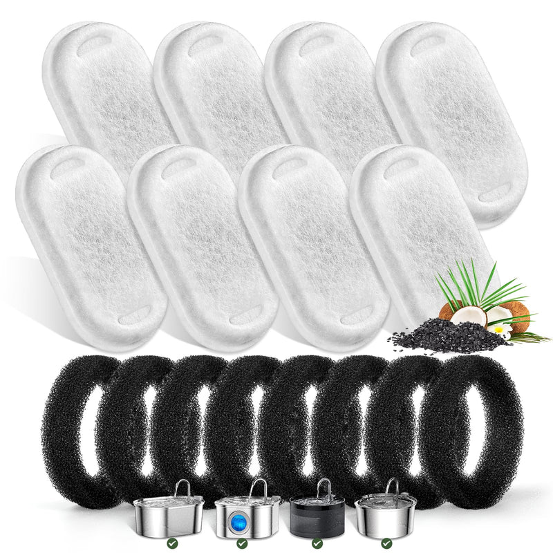 Cat Water Fountain Filters for Stainless Steel 67oz/2L Adjustable Water Flow Pet Fountain, 8 Pack Pet Replacement Filters with 8 Sponges
