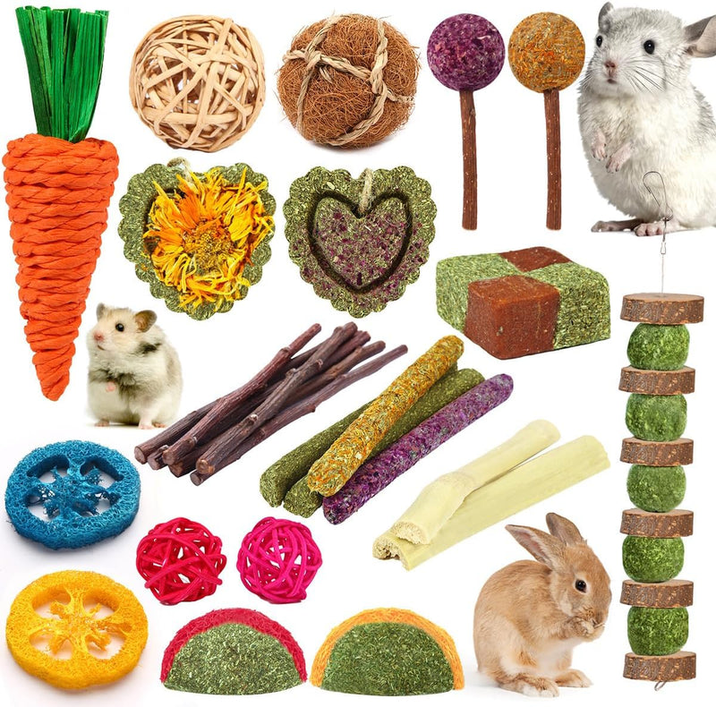 YIXUND Rabbit & Guinea Pig Toys - Natural Timothy Hay & Apple Wood Sticks for Teeth Care - Handmade for Hamster, Bunny,